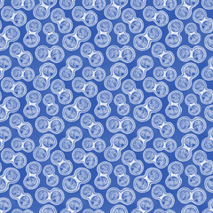 Watercolor seamless pattern with a circles in classic blue color palette. Abstract raster texture. Science background.