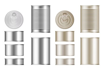 Tin can set. Isolated blank canned food metal container with lid mockup template collection. Vector realistic different size cylinder conserving ribbed tin can mock up design - obrazy, fototapety, plakaty