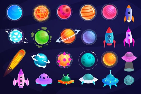 Space object. Alien planet, UFO spaceship, astronaut rocket and missile cosmic object vector icon. Fantasy space set isolated on dark background. Astronomy and outer space exploration illustration