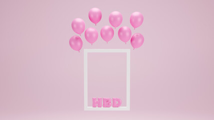 Happy birthday design with frame , balloon on pink blackground. 3d rendering