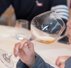 white wine ball glass in woman hand during tasting. selective focus