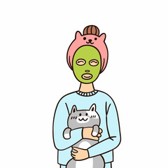 Young woman with green face mask for skincare, hugging with cute cat, isolated on a white background. Cartoon vector illustrationt for sticker, card, brochures, poster etc.