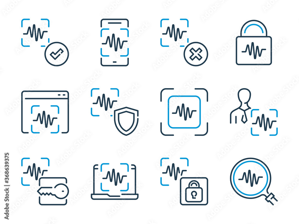 Wall mural voice recognition related vector line icon set. voice assistant outline icons.