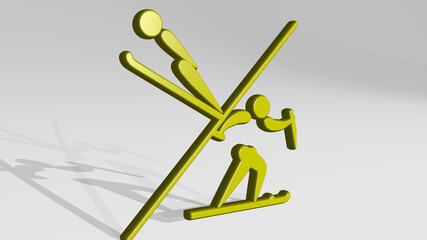 ski jumping made by 3D illustration of a shiny metallic sculpture with the shadow on light background. resort and winter
