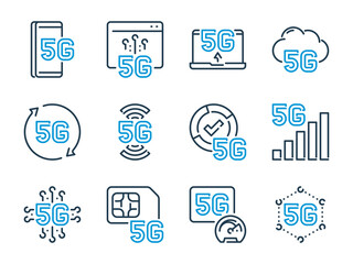 5th Generation Network related vector line icon set. 5G Technology outline icons.