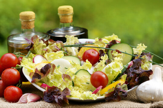 Summer salad with cherry tomatoes, copy space