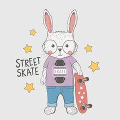 Cool rabbit boy with skateboard. Street Skate slogan. Illustration for t-shirt prints, posters and other uses.
