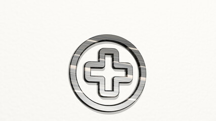 HOSPITAL BOARD made by 3D illustration of a shiny metallic sculpture on a wall with light background. doctor and care