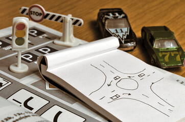 Notepad, book of traffic rules, toy cars, traffic lights and stop sign on a desk table. Studying and preparing for driving test