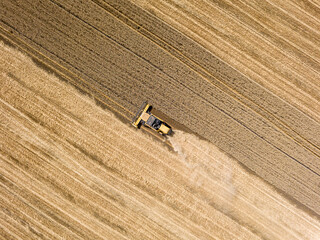 Obraz premium Aerial drone view. The harvester harvests wheat in the Ukrainian field.