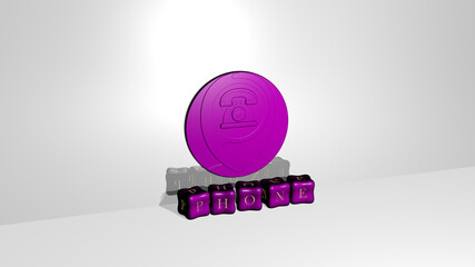 3D representation of phone with icon on the wall and text arranged by metallic cubic letters on a mirror floor for concept meaning and slideshow presentation. mobile and business