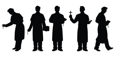 Set of pastor with christian cross and bible silhouette vector