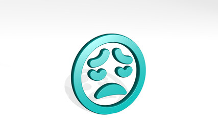 SMILEY DEVASTATED 1 ALTERNATE made by 3D illustration of a shiny metallic sculpture with the shadow on light background. face and icon