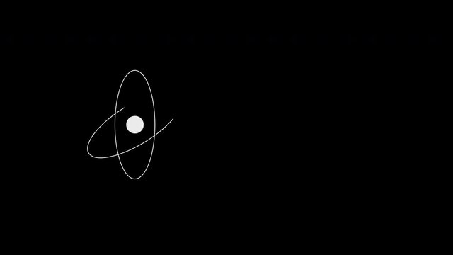 Self drawing animation of atom. Atomic structure symbol. Concept of physics, science. Copy space. Black background.