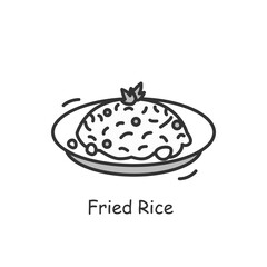 Fried rice icon. Chinese stir-fry bowl with vegetables, meat or seafood ingredients linear pictogram. Concept of tasty and popular Asian cuisine dishes recipe. Editable stroke vector illustration