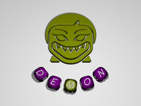 3D graphical image of DEMON vertically along with text built around the icon by metallic cubic letters from the top perspective, excellent for the concept presentation and slideshows. illustration
