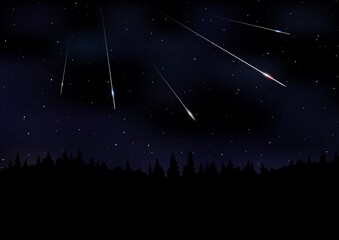 Vector illustration of Meteor Shower. Falling Perseids on dark night sky. Meteor rain, falling glowing comets and stars on landscape at night. Sci-fi, scientific, astronomy background with copy space.