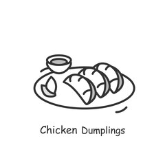 Chicken dumplings icon. Chinese meat stuffed streamed, boiled or deep fried dough buns plate with sauce line pictogram. Concept of tasty Asian home cooking recipes. Editable stroke vector illustration