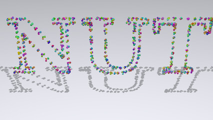 Colorful 3D writting of NUT text with small objects over a white background and matching shadow. food and illustration