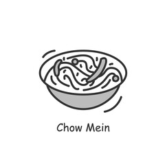 Chow mein icon. Chinese egg noodles bowl with vegetables or meat linear pictogram. Concept of tasty and easy wok or pan fried Asian food recipe for family dinner. Editable stroke vector illustration