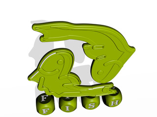 3D representation of FISH with icon on the wall and text arranged by metallic cubic letters on a mirror floor for concept meaning and slideshow presentation. illustration and background