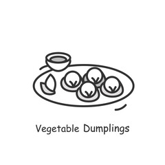 Vegetarian dumplings icon. Chinese vegetable streamed or deep fried buns plate with sour or spice sauce linear pictogram. Concept of popular Asian vegan recipes. Editable stroke vector illustration