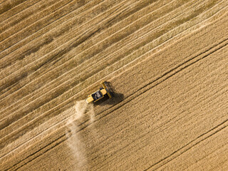Aerial drone view. The harvester harvests wheat in the Ukrainian field.