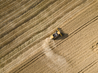 Aerial drone view. The harvester harvests wheat in the Ukrainian field.