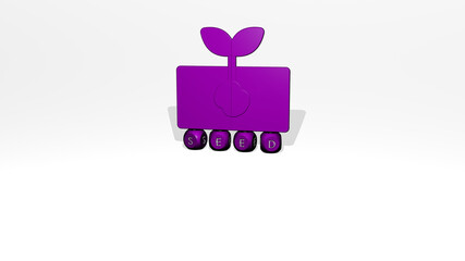 3D graphical image of SEED vertically along with text built by metallic cubic letters from the top perspective, excellent for the concept presentation and slideshows. background and illustration