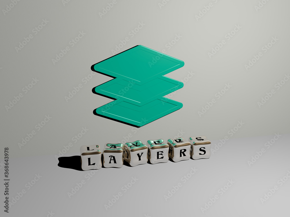 Poster 3D graphical image of layers vertically along with text built by metallic cubic letters from the top perspective, excellent for the concept presentation and slideshows. background and illustration