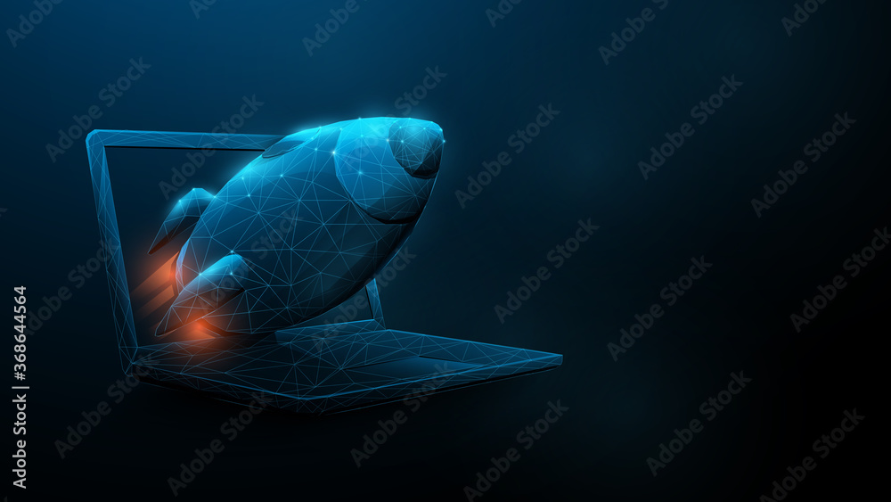Aufkleber startup concept. rocket flying out of laptop screen from lines, triangles and low poly style design.
