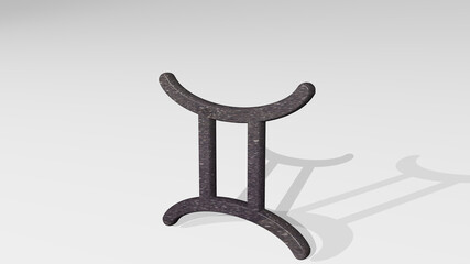 astrology gemini made by 3D illustration of a shiny metallic sculpture casting shadow on light background. astronomy and abstract