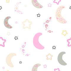 Seamless pattern. Cute sky kids. Baby textile design with moons and stars.