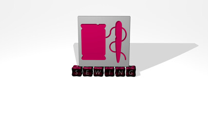 Naklejka premium 3D illustration of SEWING graphics and text made by metallic dice letters for the related meanings of the concept and presentations. background and design