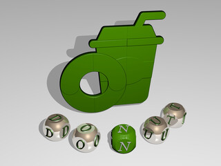 3D graphical image of DONUT vertically along with text built around the icon by metallic cubic letters from the top perspective, excellent for the concept presentation and slideshows. background