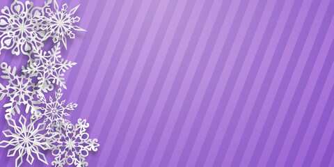 Christmas background with several paper snowflakes with soft shadows on purple striped background