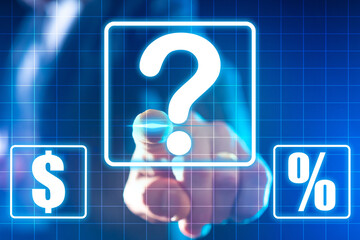 Question about financial situation. Concept - financial advisory services. Consulting services. Man presses question button. Concept - buttons are on touch screen. Finger reaches for a question mark