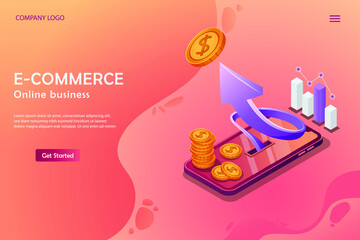 Online e-commerce  Isometric flat design.Concept business strategy. Financial review with Smartphone and infographic elements.