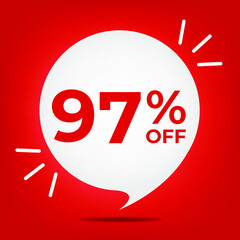 97% off. Banner with ninety-seven percent discount. White bubble on a red background vector.