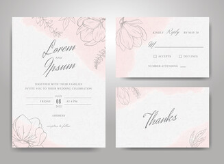 Fototapeta na wymiar Beautiful Wedding Invitation Card Template Set with Hand Drawn Floral and Watercolor Splash Background