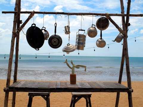 Artistic Kitchenware , Cactus On The Table With Chairs On The Beach , Beautiful Seaside View