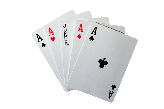 Five playing cards, four aces and a black joker on a white background