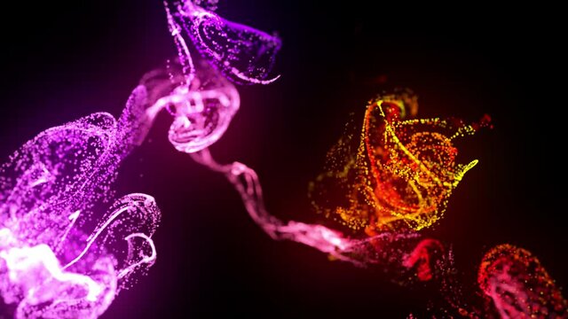 injection of fluorescent red violet ink in water in 4k. 3d render of glow particles in ink flow. Luma matte as alpha channel. Background of shiny ink effect advection. 21