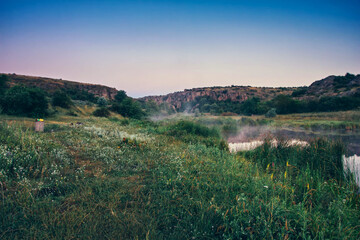 Fototapeta premium Aktovsky canyon, Ukraine, a valley with rocks and a river