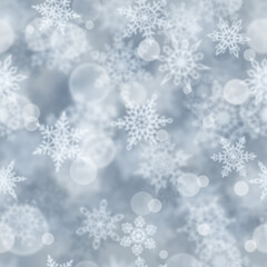 Christmas seamless pattern of blurry snowflakes on gray background