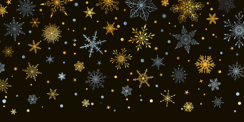 Christmas background with various complex big and small snowflakes, gray and yellow on black
