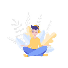 Flat character design. Young man meditating in lotus pose	
