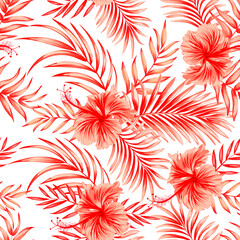 Fototapeta na wymiar Tropical vector seamless background. Jungle pattern with exitic flowers, and palm leaves. Stock vector. Jungle vector vintage wallpaper