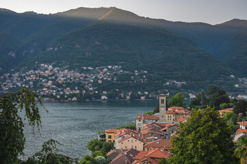Naklejka na ściany i meble Panoramic view of Torno and lake Como in Italy 
