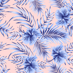Tropical vector seamless background. Jungle pattern with exitic flowers, and palm leaves. Stock vector. Jungle vector vintage wallpaper